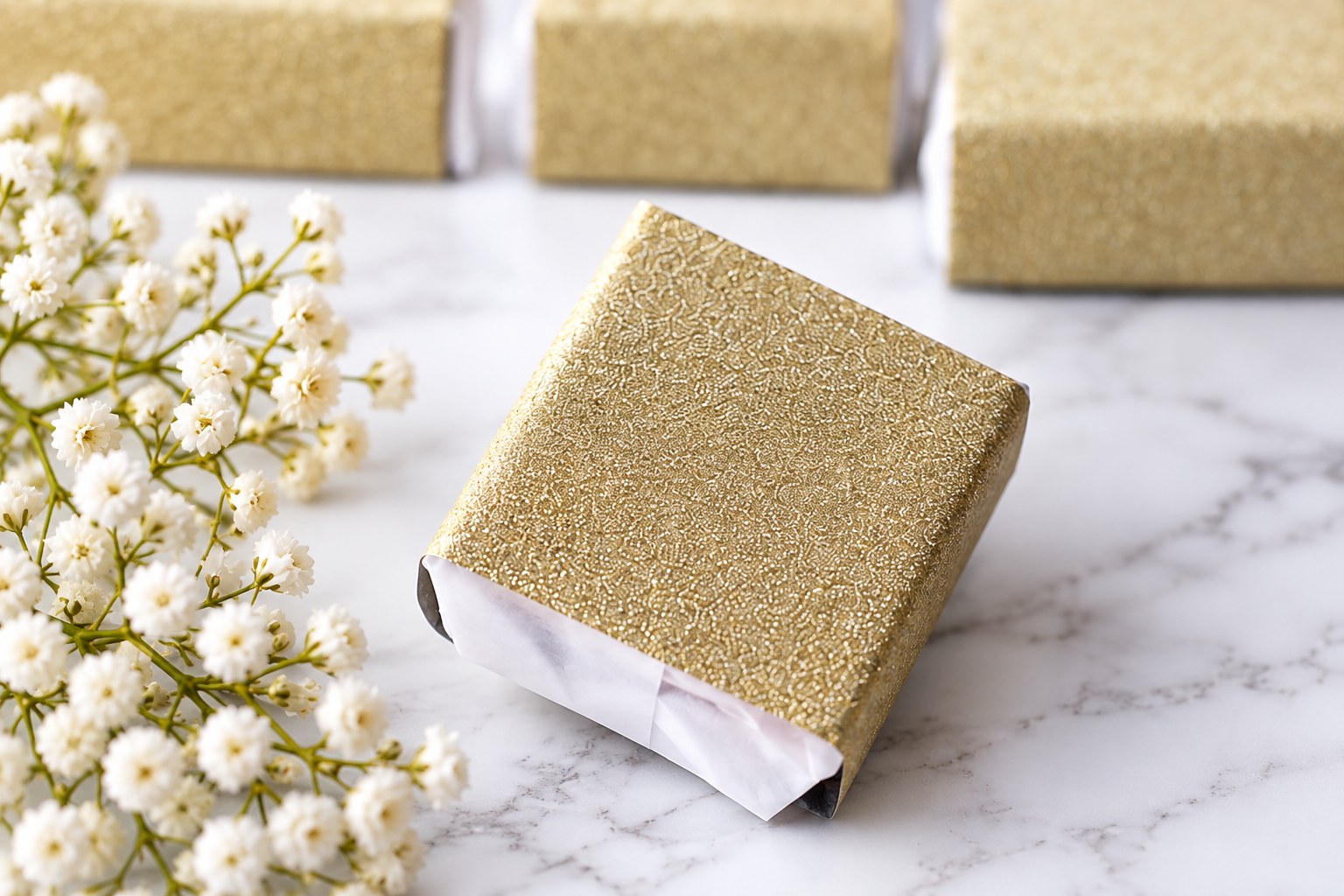 Gold Glitter Paper Wrapped Wedding Cake Piece 2″ × 2″ × 1″