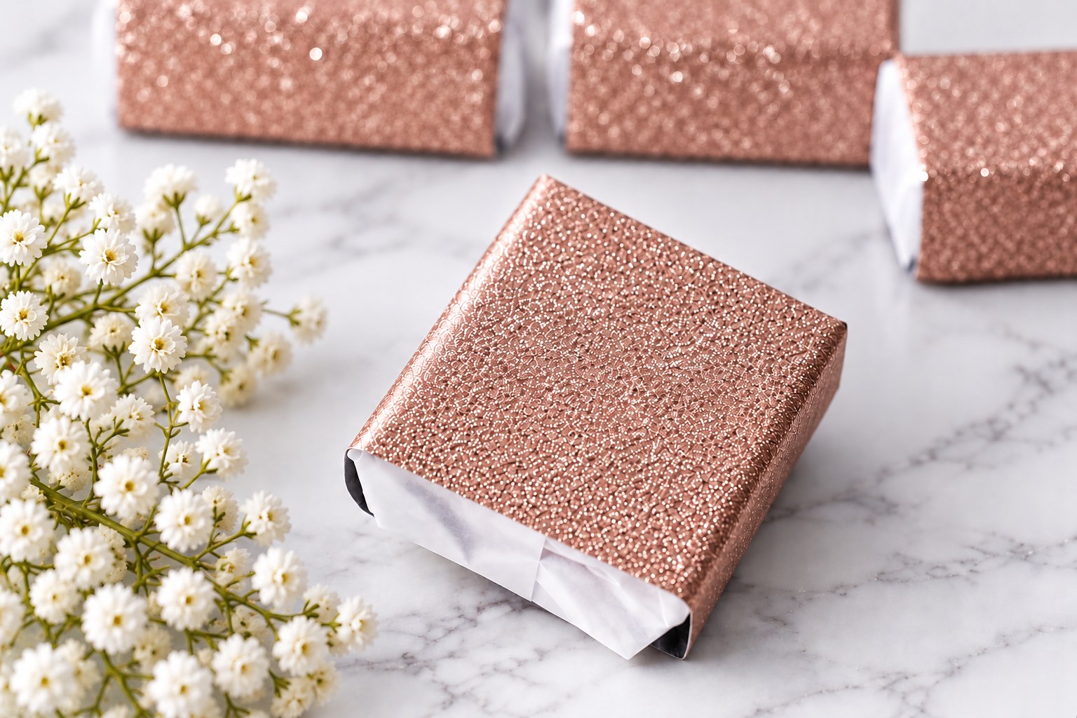 Rose Gold Glitter Paper Wrapped Wedding Cake Piece 2″ × 2″ × 1″